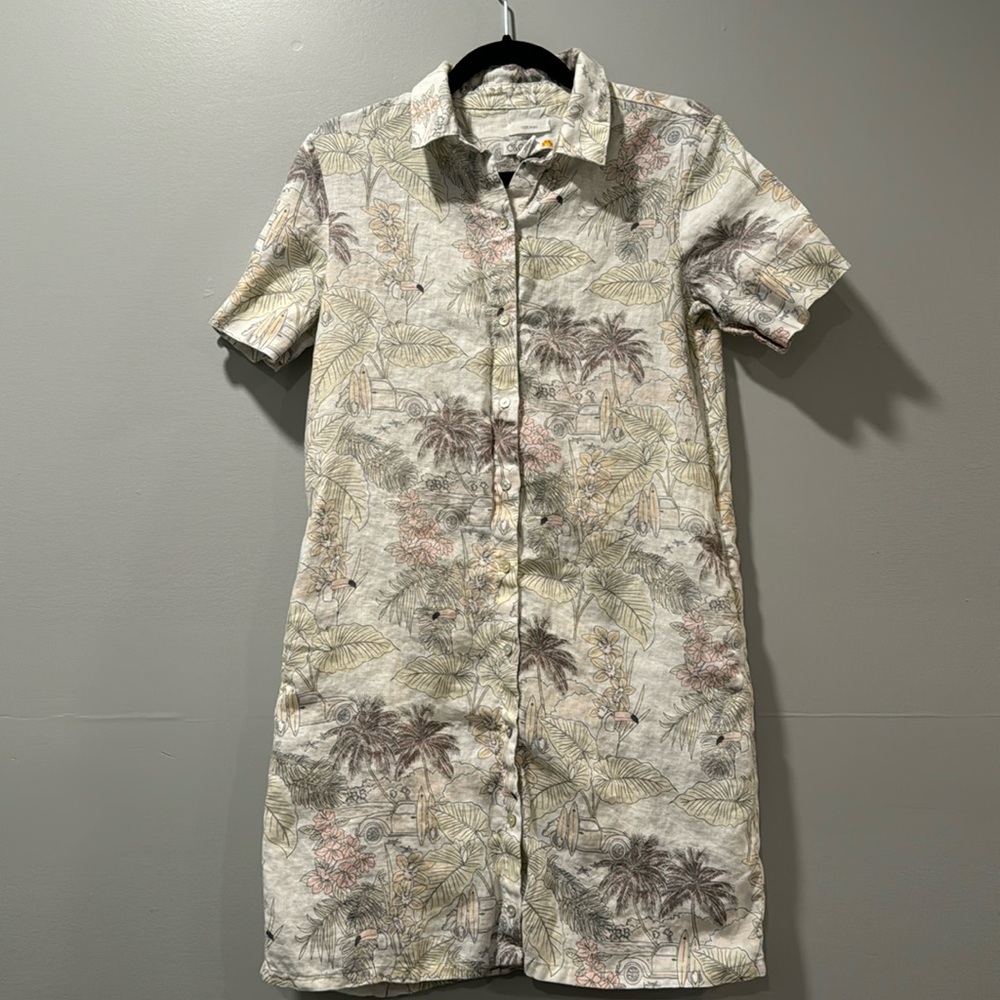 C&C California Linen Shirt Dress Womens XS Short Sleeve Button Front Tropical